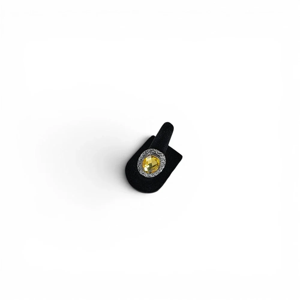 Vintage Faceted Citrine Yellow Stone Halo Setting, Silver Metal Ring Size 7